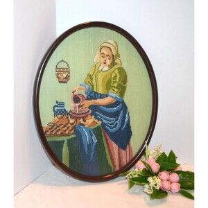 Vintage Needlepoint Dutch Lady in The Kitchen 1950s